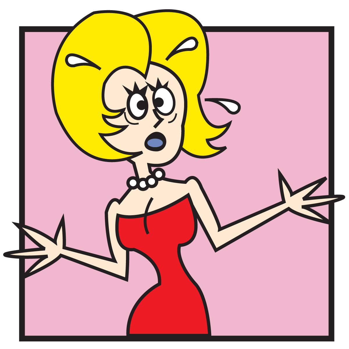 Cartoon woman with blonde hair, red dress, and surprised expression gesturing with both hands against pink background.