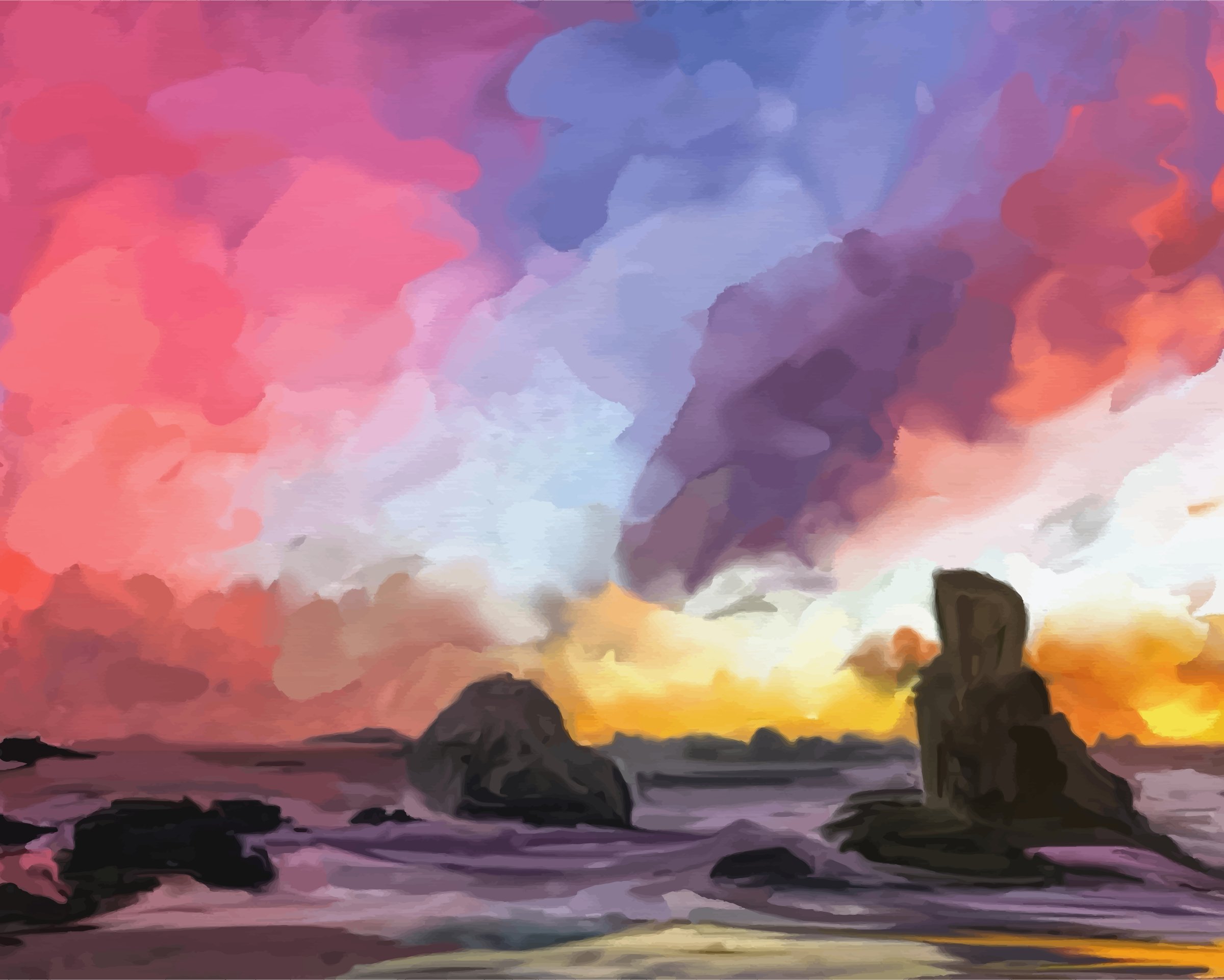 Dramatic sunset over a rocky coastal scene with vivid pink, purple, and orange clouds reflecting on the water.