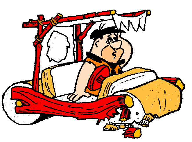 Fred Flintstone driving his iconic red stone-age car made of wood and stone wheels, looking surprised.