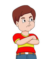 Cartoon boy with arms crossed, wearing red shirt and blue jeans, looking skeptical or annoyed.
