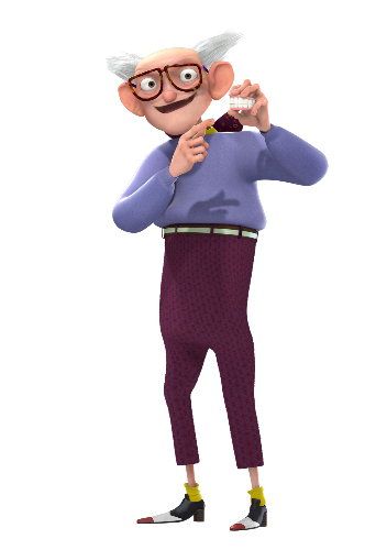 Animated elderly man with glasses, purple sweater, and maroon pants examining a small object with curiosity.