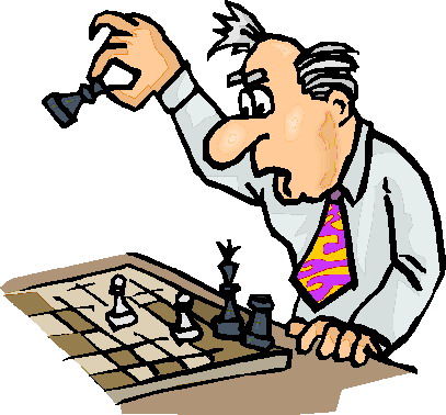 A cartoon businessman in a tie intensely studies a chessboard, holding a black pawn piece mid-air as he plans his next move.