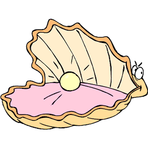 A cartoon oyster shell open to reveal a shiny pearl inside, with a playful eye peeking from the side.