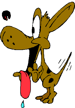 A cartoon brown dog with large ears and eyes, holding a red object with a blue droplet falling from it against a black background.
