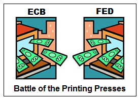 Cartoon comparing ECB and FED monetary policy with printing presses and money flowing from central banks.