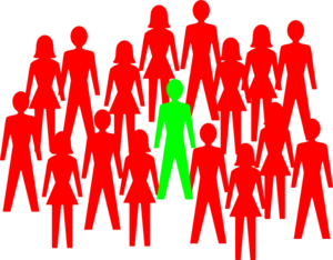 A green human silhouette stands out among a crowd of red silhouettes, symbolizing individuality or leadership.