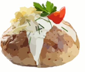 A baked potato split open and topped with sour cream, chives, parsley, and a cherry tomato slice.