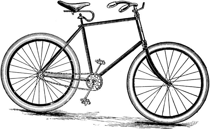 Vintage black-and-white line drawing of a classic safety bicycle with drop handlebars, chain drive, and equal-sized wheels.