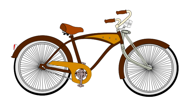 Vintage-style brown and mustard-yellow cruiser bicycle with white-wall tires and chrome accents on black background.