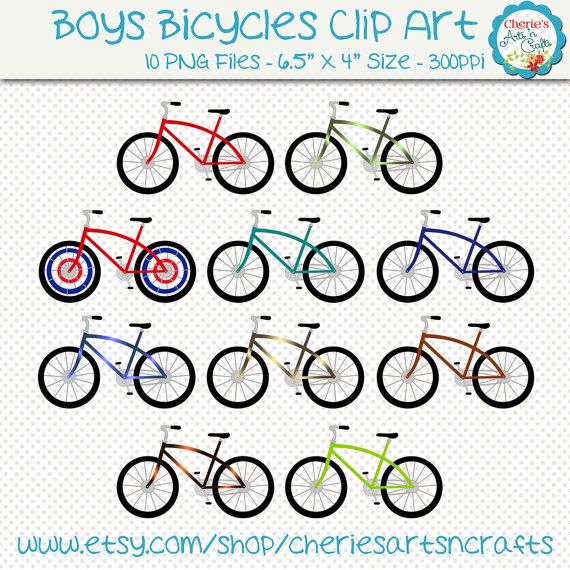 Collection of colorful boys' bicycles clip art in red, green, blue, teal, brown, and orange on transparent background.