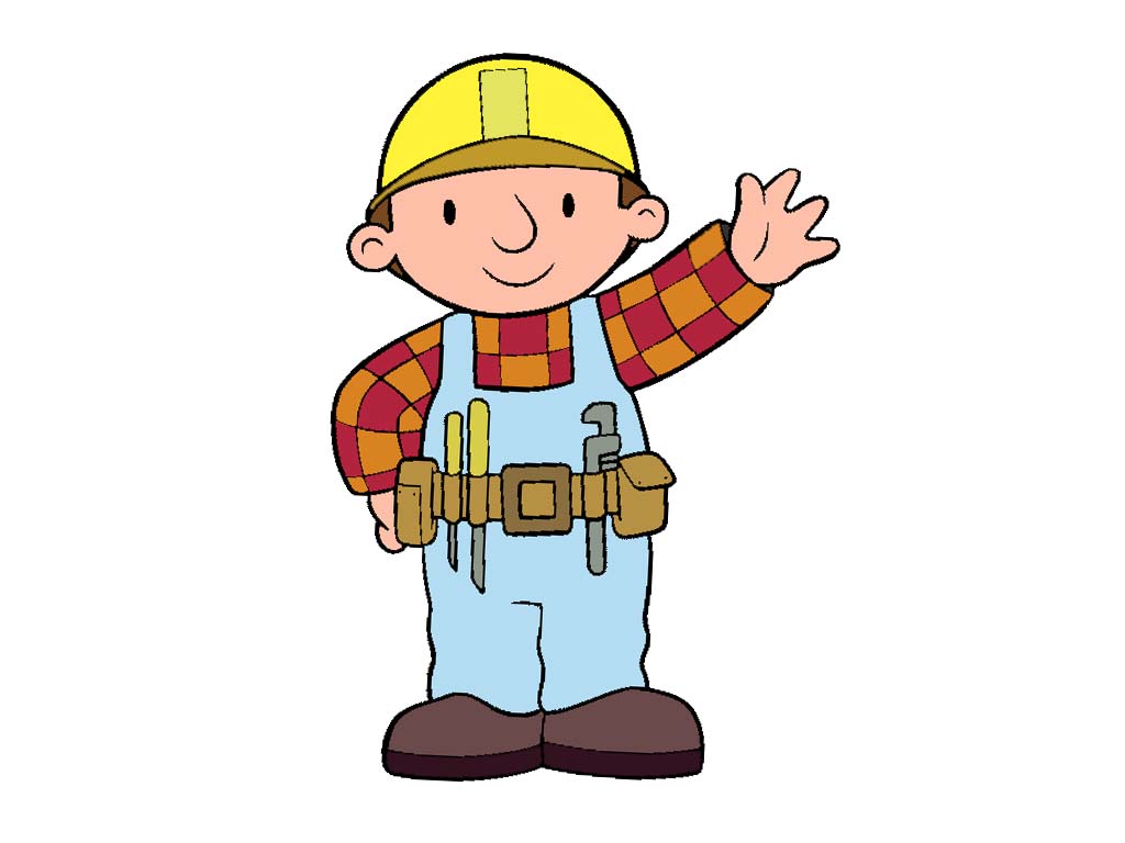 Friendly cartoon construction worker waving, wearing yellow hard hat, plaid shirt, overalls, and tool belt.