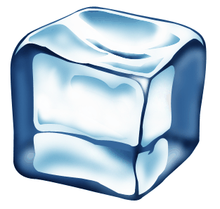 A glossy, translucent blue ice cube with internal layers and light refraction highlights.