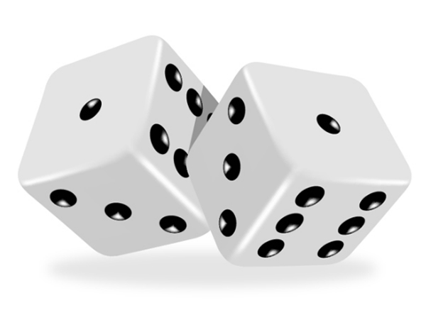 Two white dice mid-roll showing random numbers, symbolizing chance and probability.