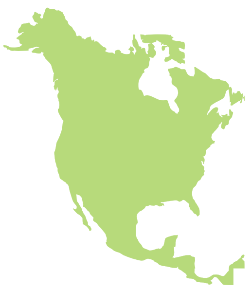 Simplified green silhouette map of North America including Canada, the United States, Mexico, and Central America.