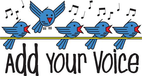 Four blue birds singing on a wire with musical notes and "Add Your Voice" text below.