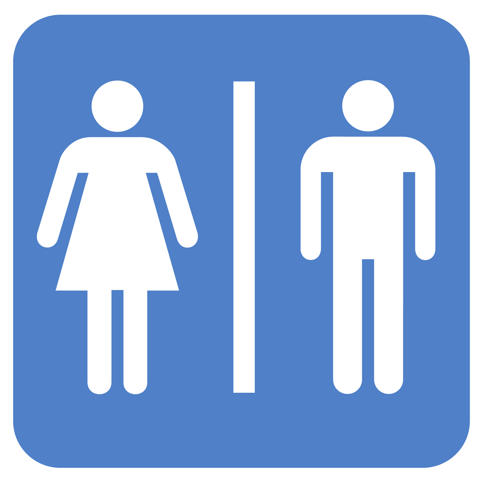 Blue restroom sign with white female and male pictograms separated by a vertical line.