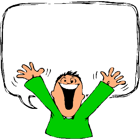 Joyful cartoon man in green shirt with arms raised and open mouth, speaking into a large blank speech bubble.