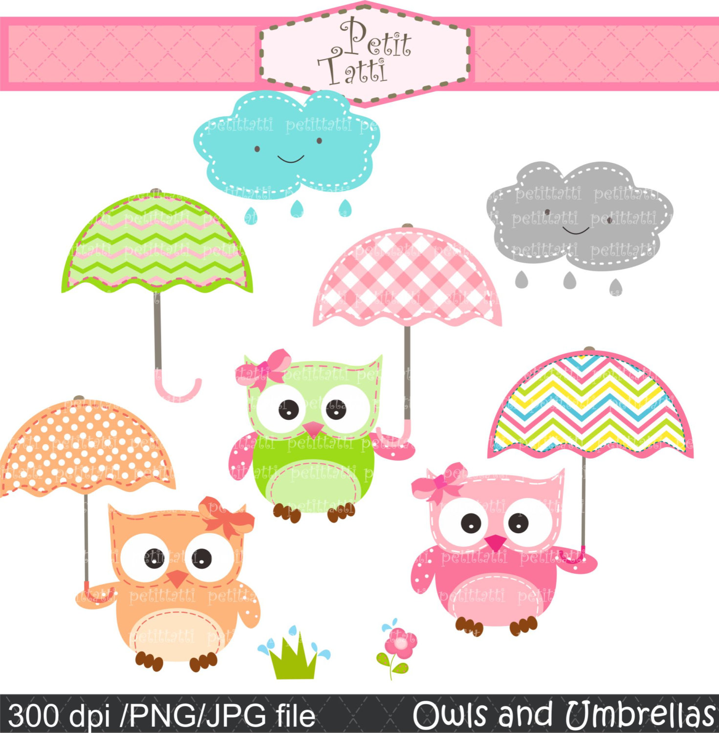 Cute cartoon owls holding colorful patterned umbrellas under smiling rain clouds, pastel-themed clipart for kids.