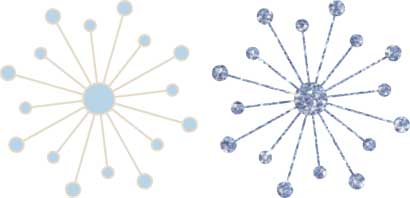 Two stylized atomic or molecular diagrams-one minimalist light blue, one glittery dark blue-symbolizing science, connection, or innovation.
