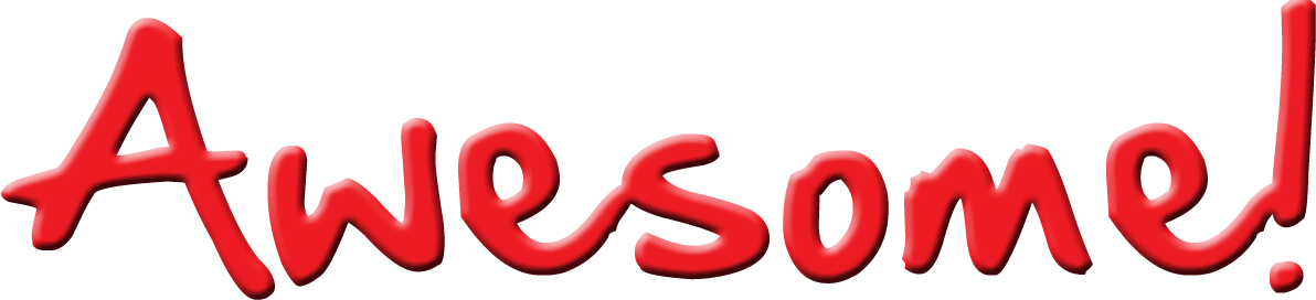 Bold red "Awesome!" text in playful 3D-style cursive font on white background.