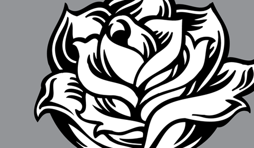 Black and white stylized rose illustration with bold linework and layered petals on gray background.