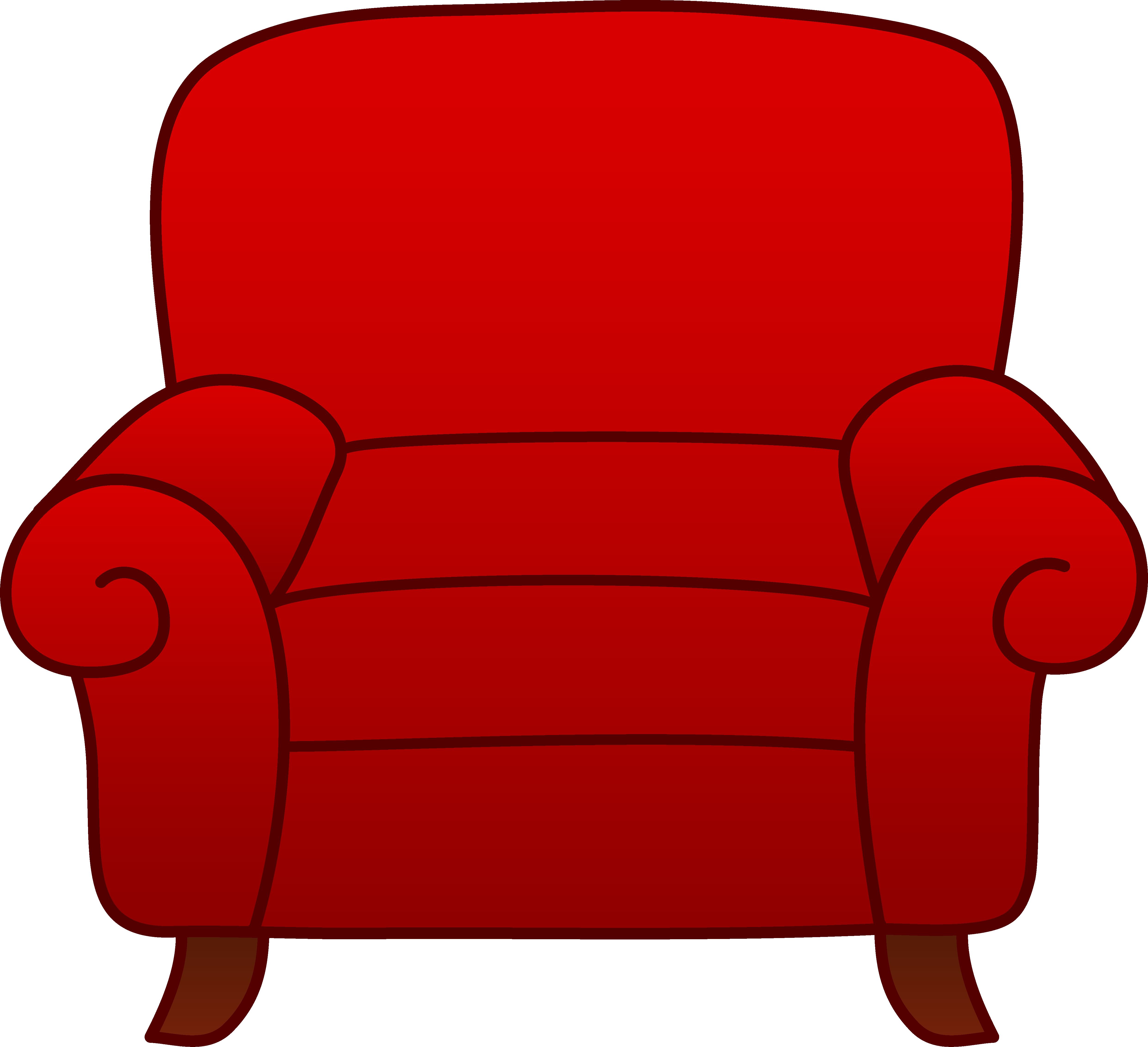Classic red armchair with rolled arms and wooden legs, illustrated in bold outline style.