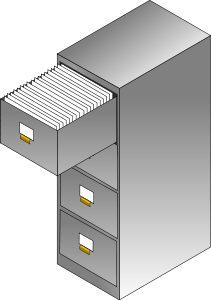 Gray metal filing cabinet with top drawer open, revealing stacked file folders.