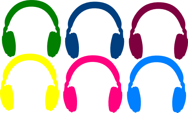 Six vibrant over-ear headphone silhouettes in green, blue, maroon, yellow, pink, and cyan on white background.
