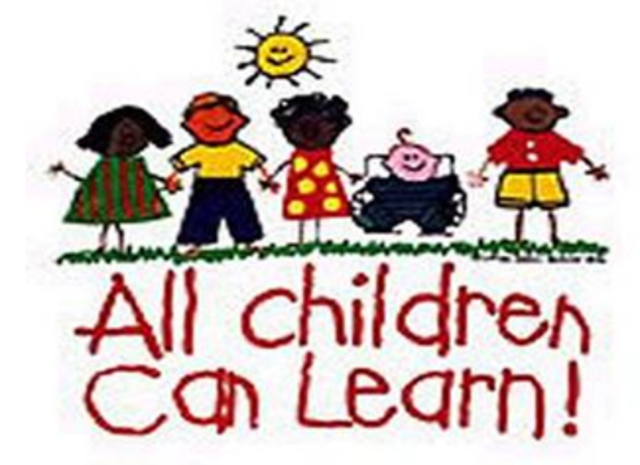 Diverse group of five children holding hands under a smiling sun, with text "All children can learn!"