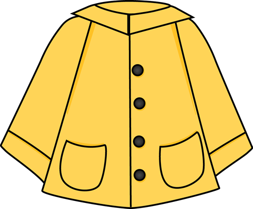 Bright yellow raincoat with black buttons, collar, and front pockets, illustrated in simple cartoon style.