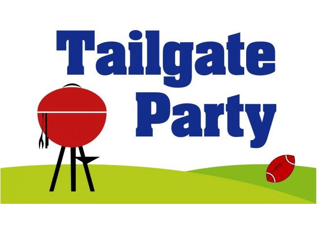 Red kettle grill and football on green grass with "Tailgate Party" text above.