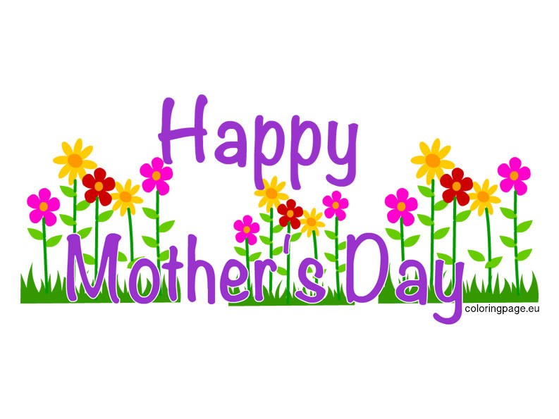 Colorful "Happy Mother's Day" text surrounded by vibrant spring flowers and green grass.