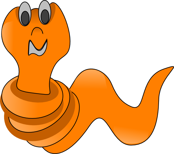 Friendly orange cartoon worm with big eyes and a smiling face, coiled at the base.