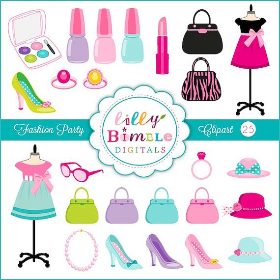 Collection of colorful fashion accessories including handbags, shoes, nail polish, rings, hats, and dresses on white background.