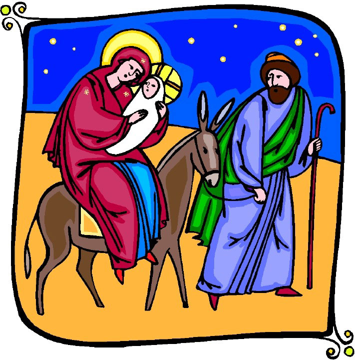 Mary holding baby Jesus on a donkey, Joseph walking beside them under a starry night sky.
