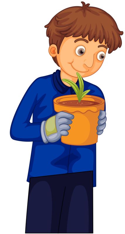 A smiling boy in a blue shirt and gardening gloves holds a potted green plant.