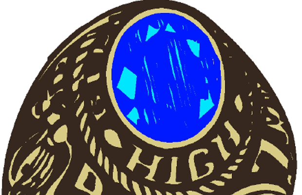 Vintage-style high school class ring with blue gemstone and engraved band details.