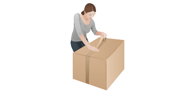 Woman sealing a cardboard box with packing tape, preparing for shipping or moving.