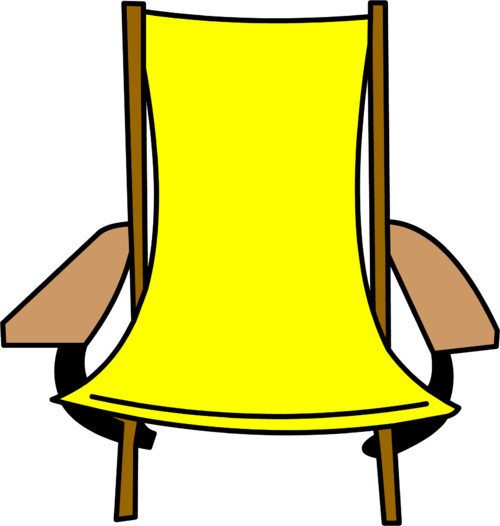 Bright yellow canvas beach chair with wooden frame and armrests, viewed from behind against black background.