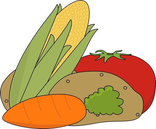 Fresh cartoon-style vegetables: corn, tomato, potato, and carrot on black background.