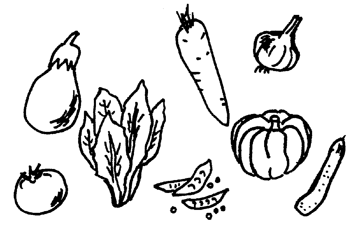 Hand-drawn black-and-white illustration of fresh vegetables including eggplant, carrot, garlic, pumpkin, tomato, lettuce, peas, and zucchini.