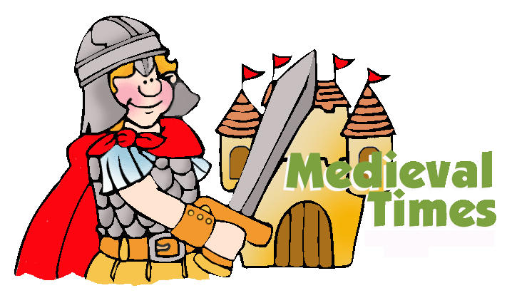 A cheerful medieval knight in armor and red cape holds a sword beside a castle with red flags, labeled "Medieval Times".