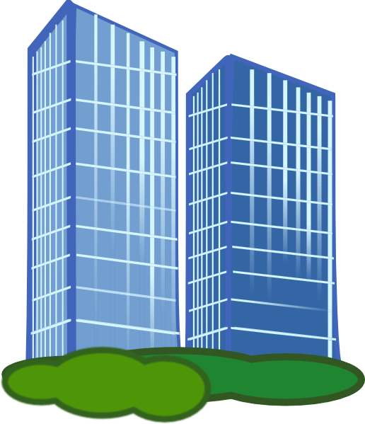 Two modern blue glass skyscrapers with white grid windows standing on green grass.