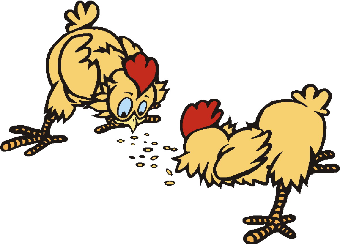 Two cartoon chickens pecking at scattered feed on the ground, one looking surprised.