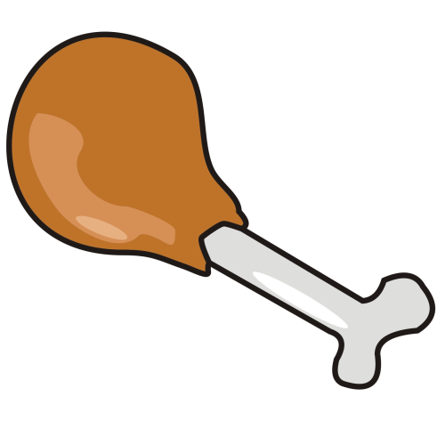 Cartoon-style roasted chicken drumstick with bone, golden-brown skin and glossy finish.