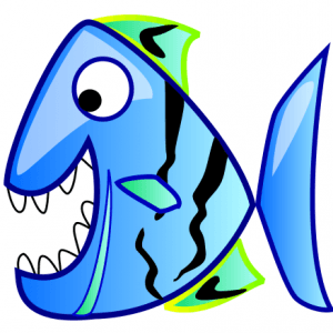 Blue cartoon fish with black stripes, wide eyes, and open mouth showing sharp teeth, outlined in bold blue.