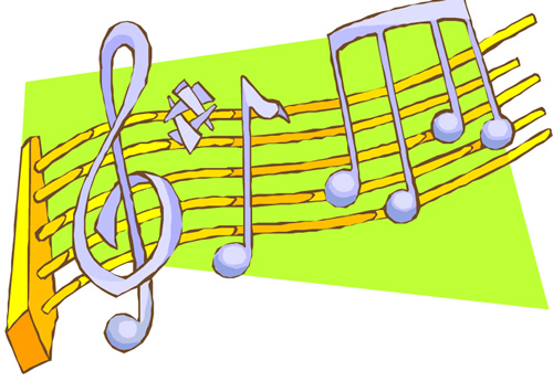 Colorful cartoon illustration of a treble clef and musical notes on a staff against a green background.