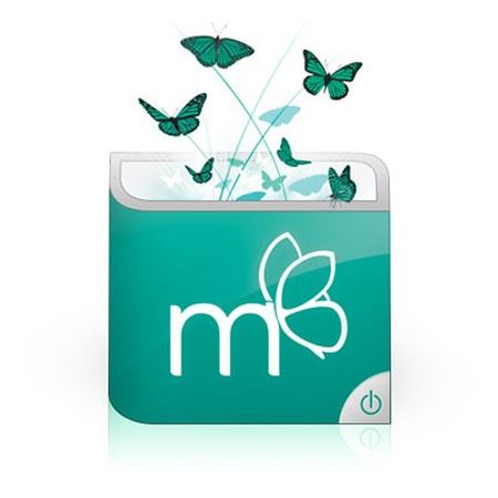 Teal app icon with white "m" logo and butterfly motif, butterflies emerging from top.