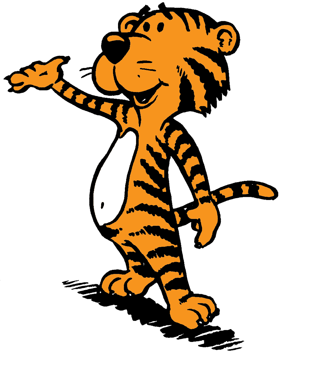 Cheerful cartoon tiger standing upright, waving with one paw, smiling broadly against white background.