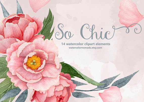 So Chic Watercolor Peony Clipart Collection | 14 Floral Elements